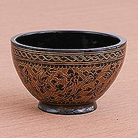 Lacquered wood decorative bowl, 'Brown Floral Forest' - Handcrafted Brown and Black Lacquered Bowl from Thailand