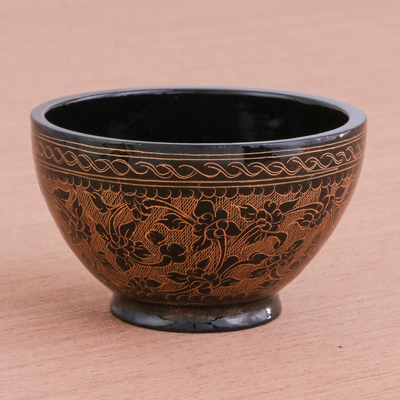 Lacquered wood decorative bowl, 'Brown Floral Forest' - Handcrafted Brown and Black Lacquered Bowl from Thailand