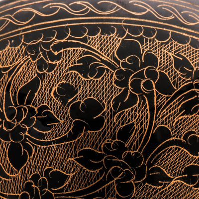 Cuenco decorativo de madera lacada - Tazón lacado marrón y negro hecho a mano de Tailandia