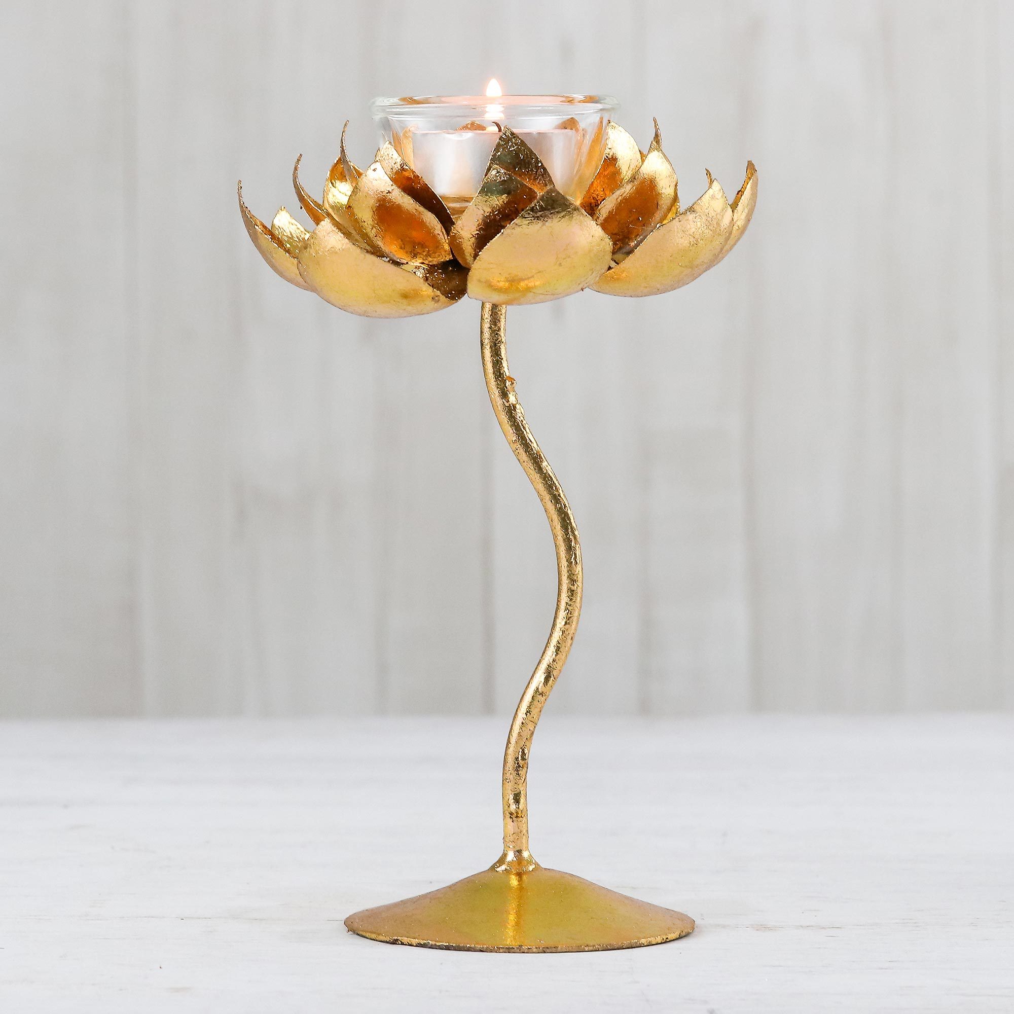Thai Golden Lotus Tealight Holder on a Pedestal (8 inch) Lotus