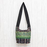 Bolso de hombro de mezcla de algodón, 'Vibrant Gardens' - Bolso de hombro de mezcla de algodón estampado negro y multicolor