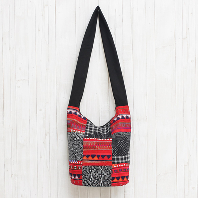 Cotton blend shoulder bag, 'Patchwork Perfection' - Red and Black and White Patchwork Cotton Blend Shoulder Bag