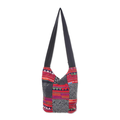 Red and Black and White Patchwork Cotton Blend Shoulder Bag
