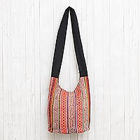 Cotton blend shoulder bag, 'Pattern Feast' - Brown and Multi-Color Embellished Cotton Blend Shoulder Bag