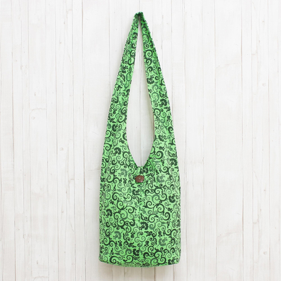 Umhängetasche aus Baumwolle - Frühlingsgrüne Umhängetasche aus 100 % Baumwolle mit Blumen- und Rankenmotiv