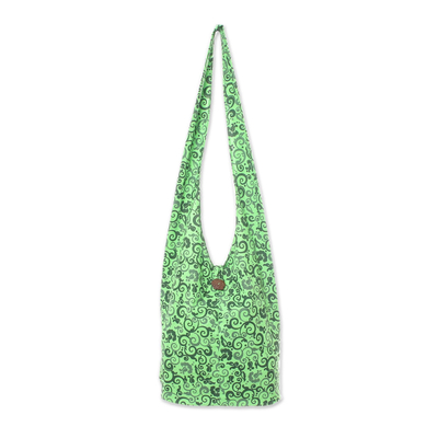 Spring Green Floral and Vine Motif 100% Cotton Shoulder Bag