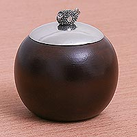 Wood decorative jar, 'Fish Fascination' - Spherical Wood Decorative Jar with Pewter Lid and Fish Knob