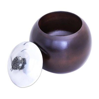 Wood decorative bowl, 'Fish Fascination' - Spherical Wood Decorative Bowl with Pewter Lid and Fish Knob