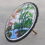 Hand-painted cotton parasol, 'Jubilant Cranes' - Hand-Painted Parasol with Cranes and Pond Scene