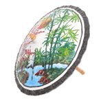 Hand-painted cotton parasol, 'Jubilant Cranes' - Hand-Painted Parasol with Cranes and Pond Scene