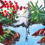 Hand-painted cotton parasol, 'Jubilant Cranes' - Hand-Painted Parasol with Cranes and Pond Scene