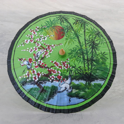Hand-painted cotton parasol, Cranes at Waters Edge