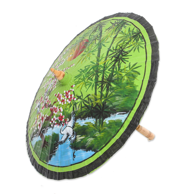 Hand-painted cotton parasol, 'Cranes at Water's Edge' - Artisan Crafted Nature Themed Cotton Parasol
