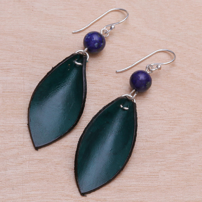 Lapis lazuli and leather dangle earrings, 'Supple Petals in Teal' - Blue-Green Leather and Lapis Lazuli Earrings