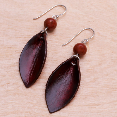 Jasper and leather dangle earrings, 'Supple Petals in Red' - Artisan Crafted Earrings with Leather and Jasper Beads