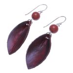 Jasper and leather dangle earrings, 'Supple Petals in Red' - Artisan Crafted Earrings with Leather and Jasper Beads