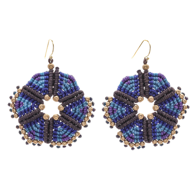 Round Hand-Knotted Dangle Earrings in Blue from Thailand