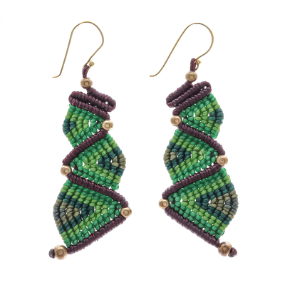Zigzag Pattern Hand-Knotted Dangle Earrings in Green