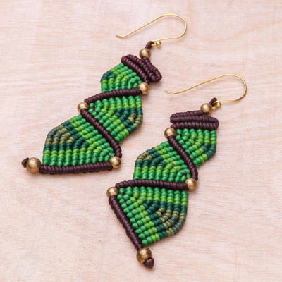 Hand-knotted dangle earrings, 'Zigzag Dream in Green' - Zigzag Pattern Hand-Knotted Dangle Earrings in Green