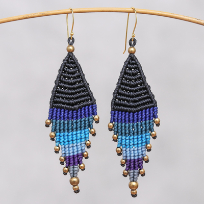 Hand-knotted dangle earrings, 'Boho Diamonds in Blue' - Diamond-Shaped Hand-Knotted Dangle Earrings in Blue