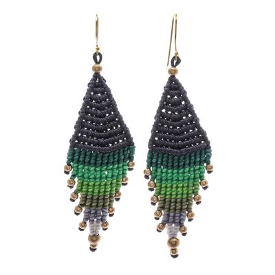 Diamond-Shaped Hand-Knotted Dangle Earrings in Green