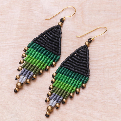 Hand-knotted dangle earrings, 'Boho Diamonds in Green' - Diamond-Shaped Hand-Knotted Dangle Earrings in Green