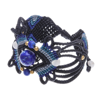 Lapis lazuli and quartz macrame bracelet, 'Dazzling Bohemian' - Bohemian Lapis Macrame Bracelet from Thailand