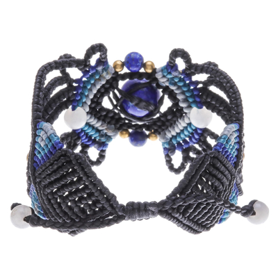 Lapis lazuli and quartz macrame bracelet, 'Dazzling Bohemian' - Bohemian Lapis Macrame Bracelet from Thailand