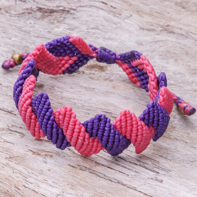 Hand-knotted macrame bracelet, 'Candy Cascade' - Pink and Purple Macrame Wristband Bracelet