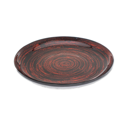 Lacquered bamboo decorative plate, 'Red Vortex' - Decorative Lacquered Bamboo Plate from Thailand