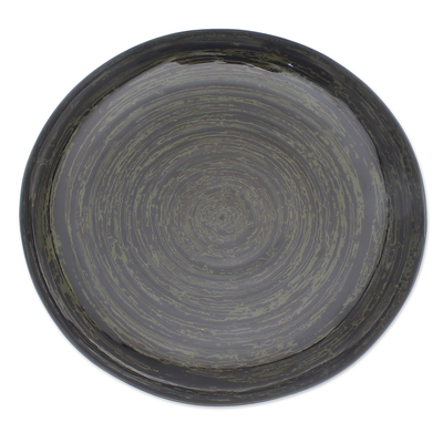 Lacquered bamboo decorative plate, 'Green Vortex' - Artisan Crafted Lacquered Bamboo Display Plate