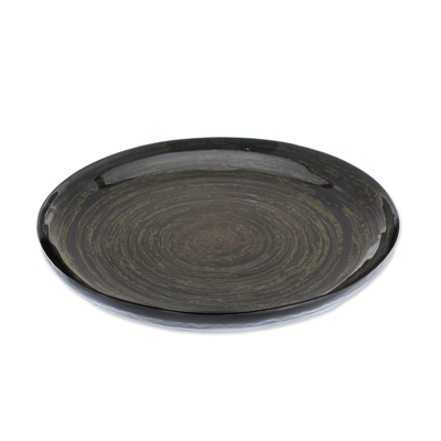 Lacquered bamboo decorative plate, 'Green Vortex' - Artisan Crafted Lacquered Bamboo Display Plate