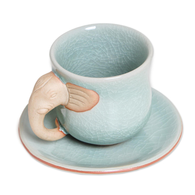 Celadon ceramic cup and saucer, 'Elephant Gaze' - Aqua Celadon Cup and Saucer with Elephant Motif