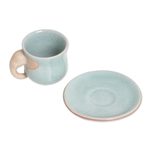 Celadon ceramic cup and saucer, 'Elephant Gaze' - Aqua Celadon Cup and Saucer with Elephant Motif
