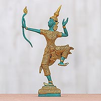 Brass sculpture, 'Green Rama, the Archer' - Intricate Brass Sculpture of Lord Rama in Green and Black