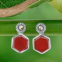 Chalcedony and marcasite stud earrings, 'Cell' - Faceted Red Chalcedony and Marcasite Stud Earrings