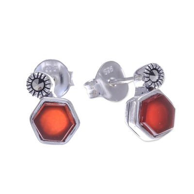 Chalcedony and marcasite stud earrings, 'Cell' - Faceted Red Chalcedony and Marcasite Stud Earrings
