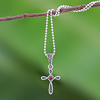 Garnet and marcasite cross necklace, 'Salvation Promise' - Sterling Silver Cross Necklace with Garnet and Marcasite
