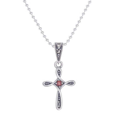 Garnet and marcasite cross necklace, 'Salvation Promise' - Sterling Silver Cross Necklace with Garnet and Marcasite