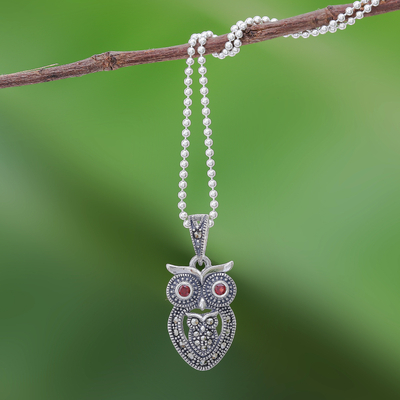 Garnet and marcasite pendant necklace, Mother Owl with Owlet