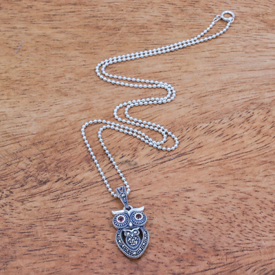 Halskette mit Anhänger aus Granat und Markasit - Eulen-Halskette aus Sterlingsilber mit Granat und Markasit