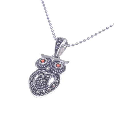 Garnet and marcasite pendant necklace, 'Mother Owl with Owlet' - Sterling Silver Owl Necklace with Garnet and Marcasite