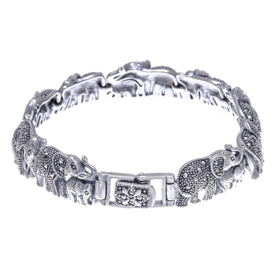 Marcasite link bracelet, 'Elephant Promenade' - Elephant Themed Sterling Bracelet with Marcasite