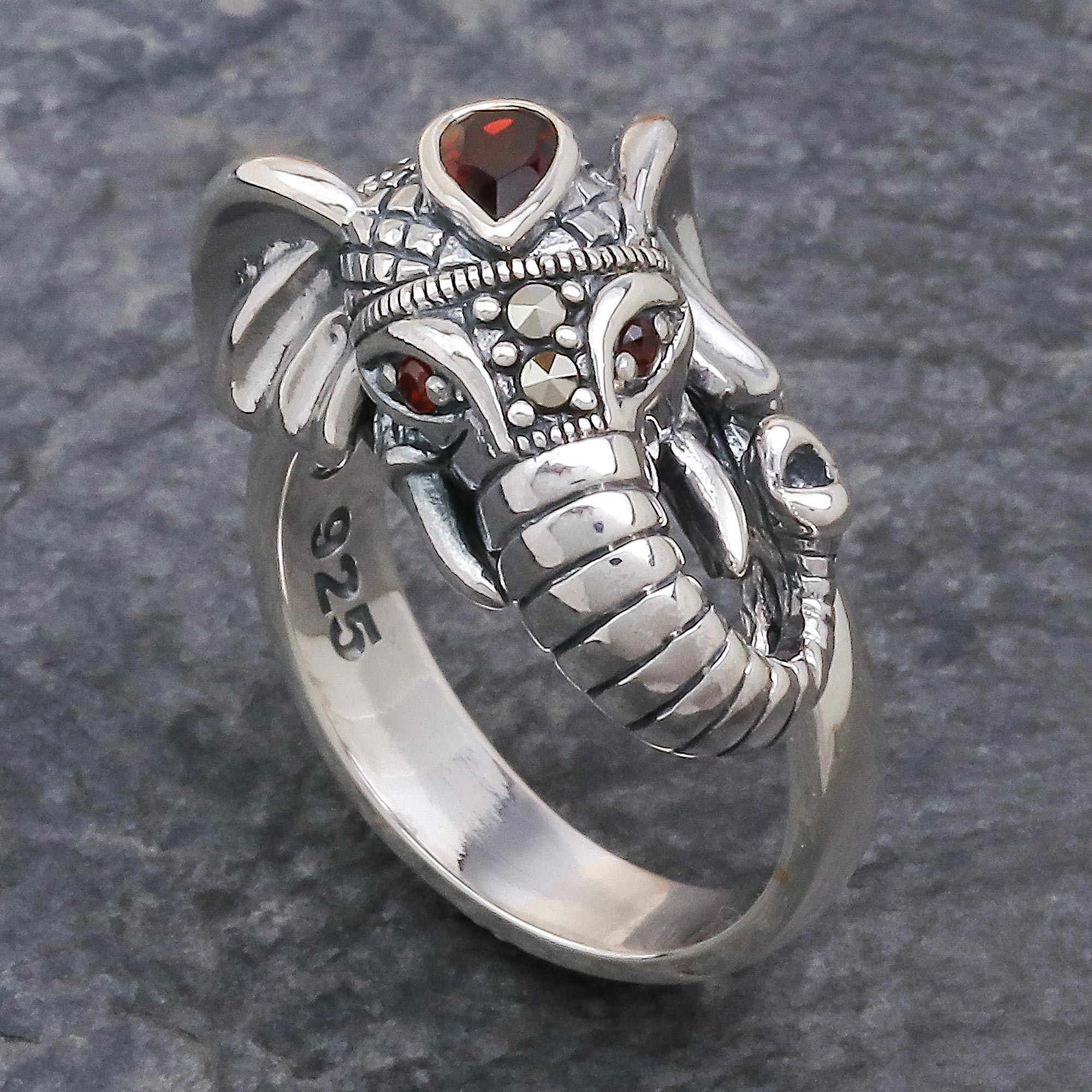 Garnet and Marcasite Elephant Ring from Thailand - Crowned
