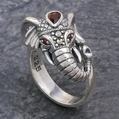 Garnet and marcasite cocktail ring, 'Crowned Elephant' - Garnet and Marcasite Elephant Ring from Thailand