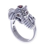 Garnet and marcasite cocktail ring, 'Crowned Elephant' - Garnet and Marcasite Elephant Ring from Thailand