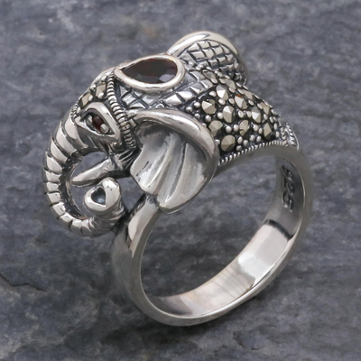Garnet and marcasite cocktail ring, 'Crowned Elephant' - Garnet and Marcasite Elephant Ring from Thailand