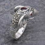 Garnet and marcasite cocktail ring, 'Crowned Elephant' - Garnet and Marcasite Elephant Ring from Thailand