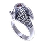 Garnet and marcasite cocktail ring, 'Crowned Elephant' - Garnet and Marcasite Elephant Ring from Thailand