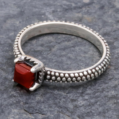 Chalcedony solitaire ring, 'Beaded Splendor' - Red Chalcedony and Sterling Silver Handmade Solitaire Ring
